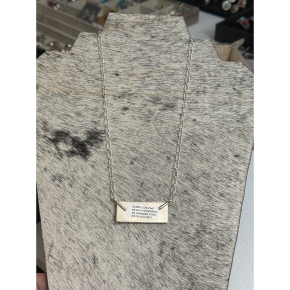 Native Navajo Handmade Sterling Kenny Longjose Kingman Turquoise Bar Necklace - Picture 3 of 10